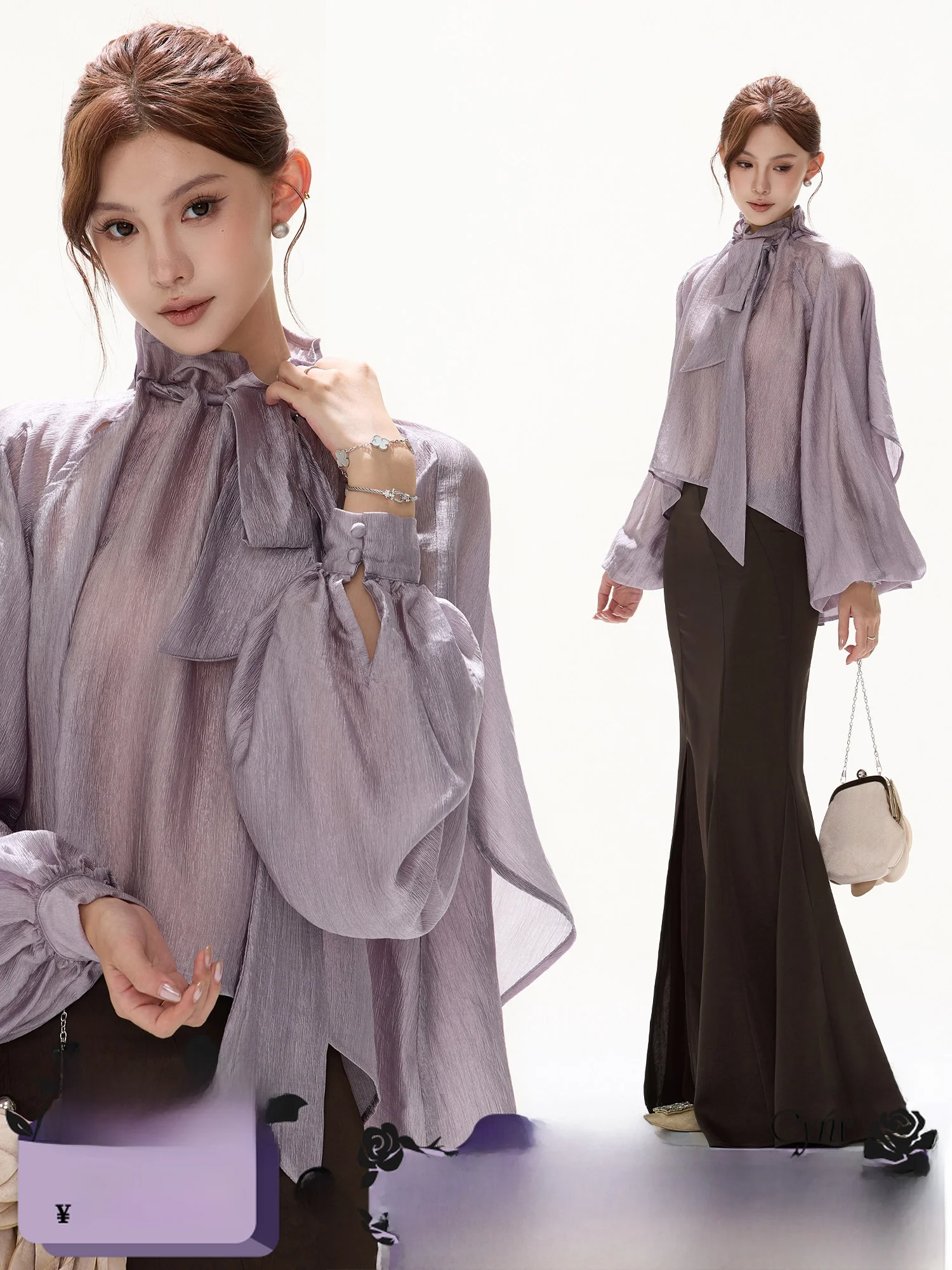 

CYNR Original Design Women's Acetate Sa irt Gossamer Satin Loose Batwing Sve Top Commute Sle Casual Faion