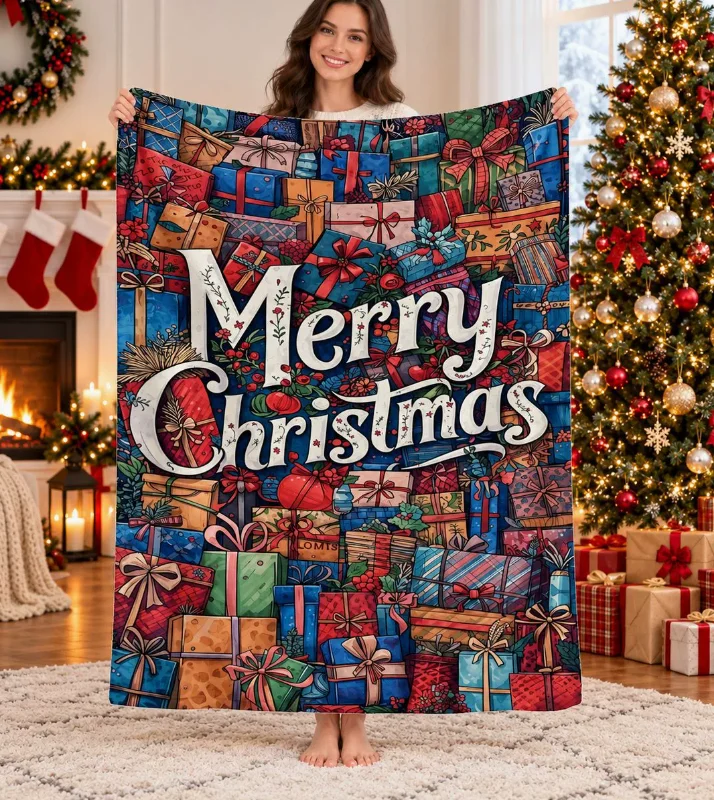 Christmas Throw Blanket with Merry Christmas Letter & Colorful Gift Boxes Pattern Super Soft Warm Sofa Bed Holiday Gift Blanket
