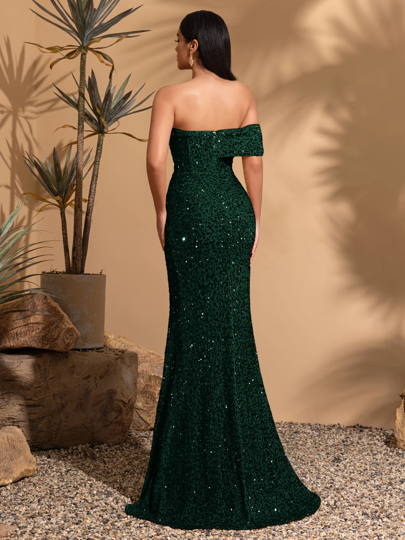 Off-the-Shoulder Asymmetrical Sleeves Slit Sequined Dress