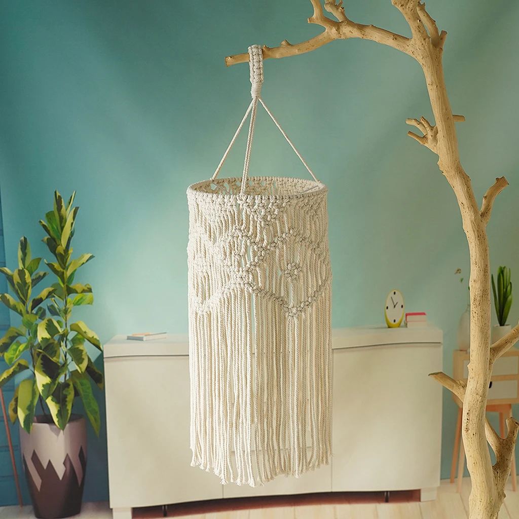 Hand-Knitted Macrame Lamp Shade Hanging Light Cover with Long Tassel Pendant Rope for Dorm Room Nursery Apartment Living Room