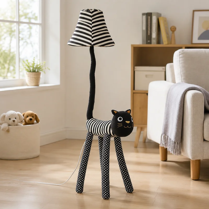 Modern Fabric Cat Shaped Animal Figure With Striped Shade Adjustable Poses For Kids Bedroom Nursery Living Rooms Floor Lamp