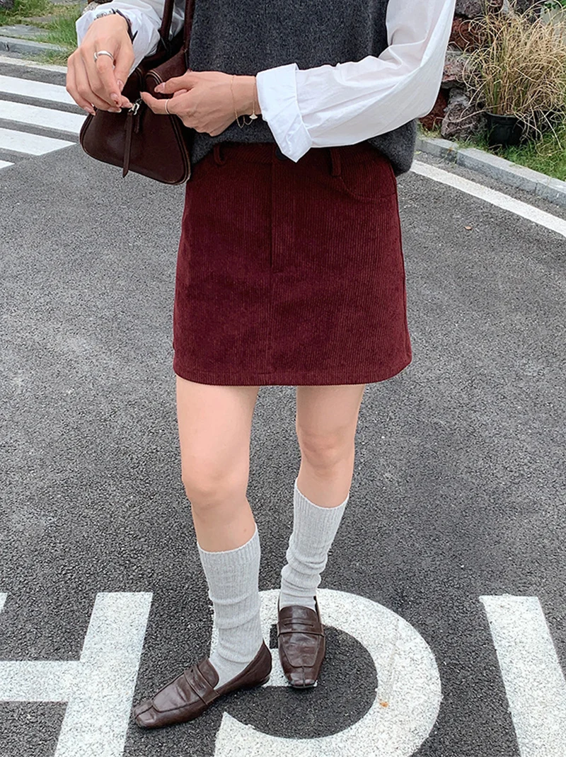 Grundlegende Hohe Taille Cord Mini Rock Frauen Herbst Neue Vintage College A-linie Röcke Tasche Koreanische Abnehmen Alle-Spiel Kurzen rock – Detail 20