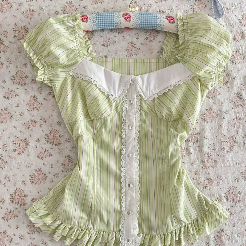 Japan Vintage Elegant Lolita Blouse Women Kawaii Cute Lace Square Neckl Stripe Shirt Summer Y2k Aesthetic Puff Short Sleeves Top view 5