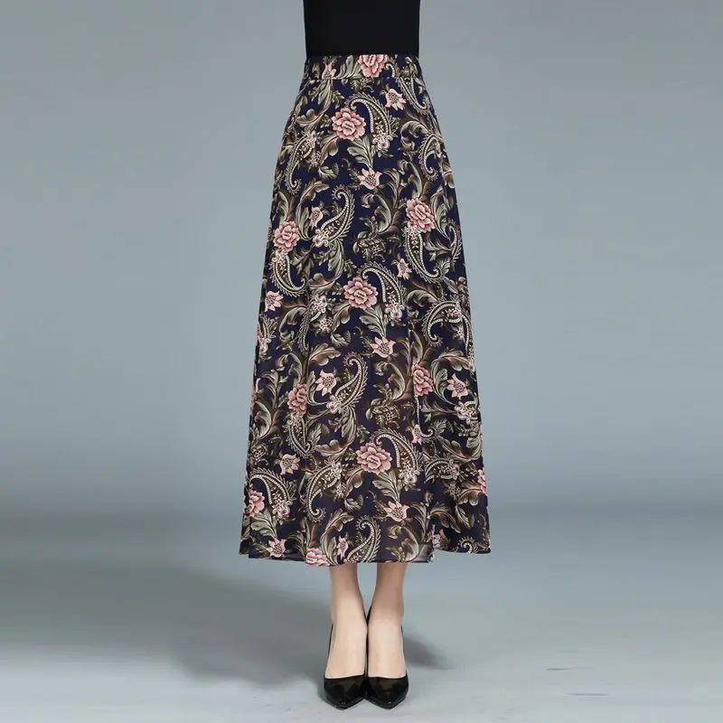 Women Floral Print A-Line Midi Skirt Loose Fit Bohemian Style Spring Summer Casual Skirt