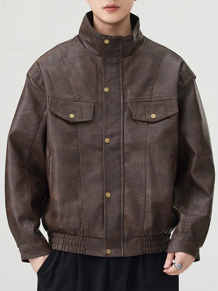 

Jeanswest Мужская ретро американская мотоциклетная повседневная кожаная куртка с высоким воротником, осенне-зимняя верхняя одежда Faion Youth, полиэстер F...