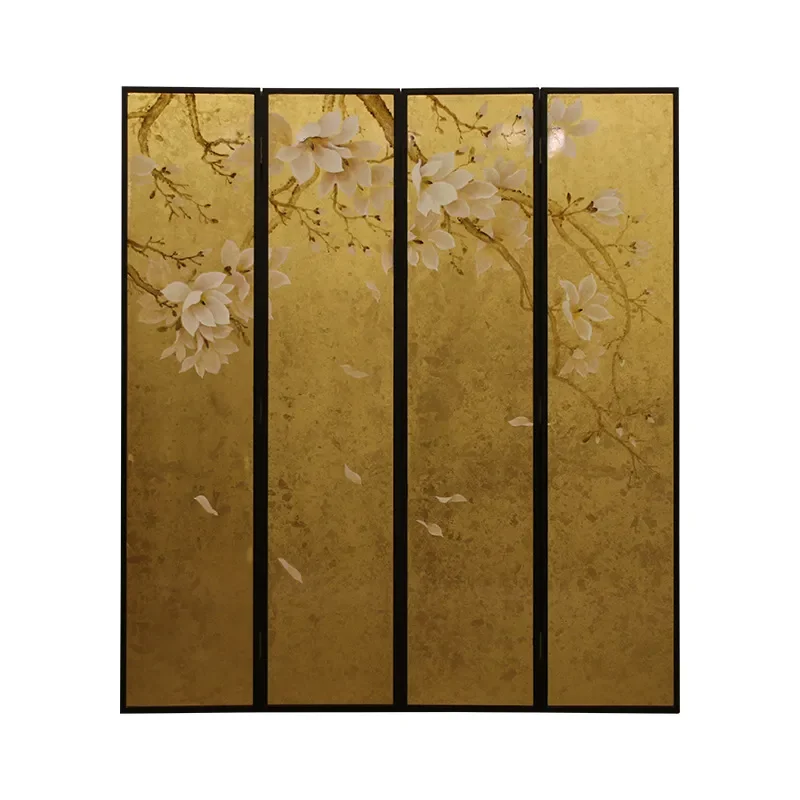 Hand Painted Lacquer Folding Screen with Broken Gold Leaf Magnolia Mural for Hotel Living Room Bedroom Wabi Style Decor