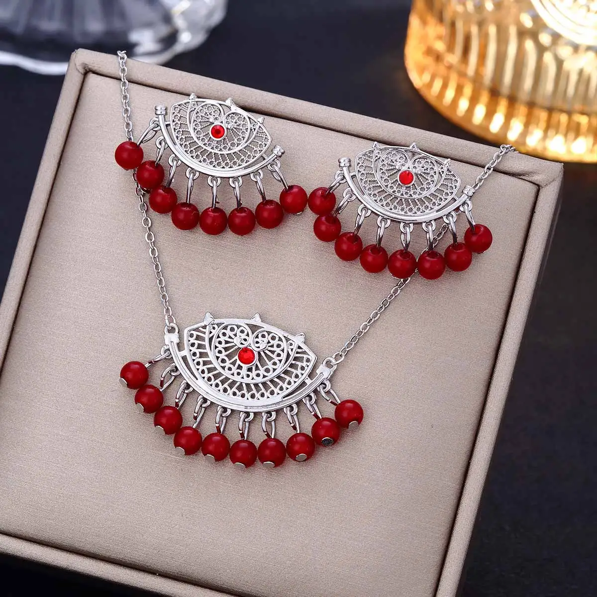 Luxury Retro Indian Crystal Bridal Jewelry Set Ethnic African Beads Tassel Jhumka Rhinestone Earrings Necklaces Sets Bijoux Gift