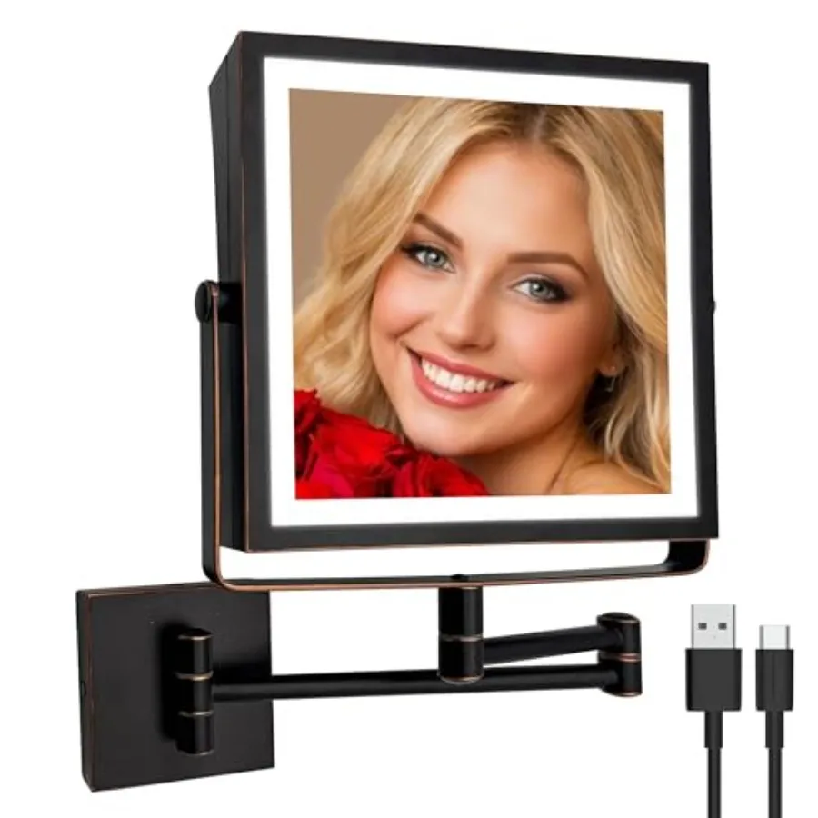 Rechargeable Wall Mounted Makeup Mirror with Lights Double Sided 1X/10X Magnifying Vanity Mirror with 3 Color Lights Touch Scre