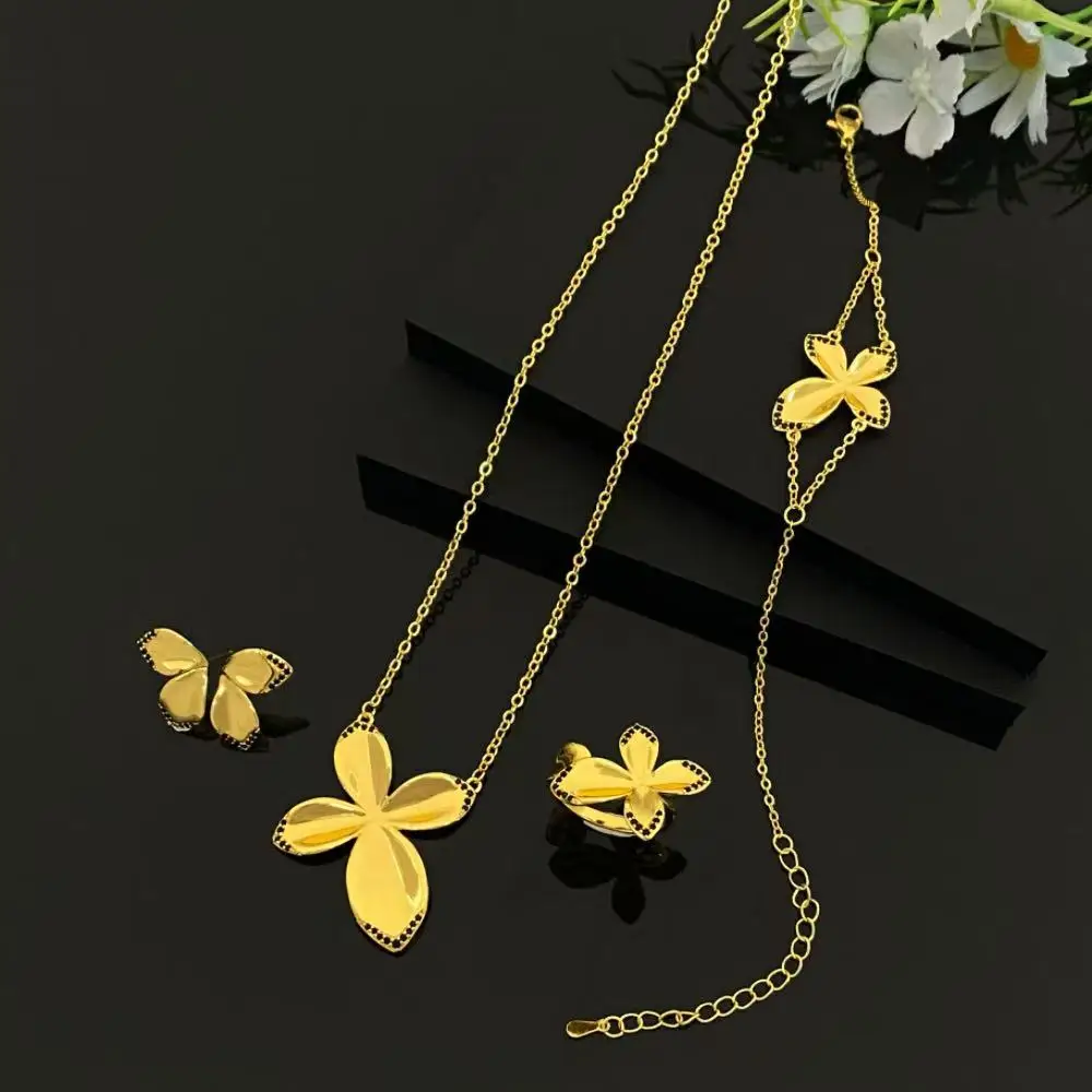 

JRH Four Leaf Clover Design Moroccan Style Zircon Jewelry Set for Women Gold Plated Copper Necklace Earrings Ring for Daily Wear
