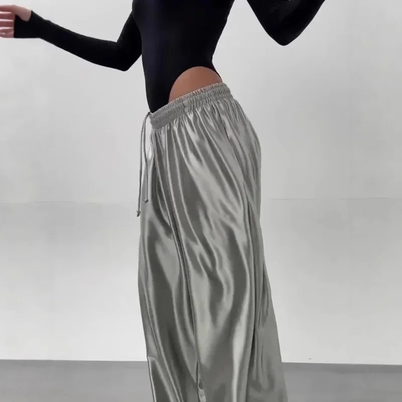 Satin Wide Leg Pants Women Long Draped Casual Comfortable Silver Elastic Waist Palazzo Trousers Office Travel Everyday Size S