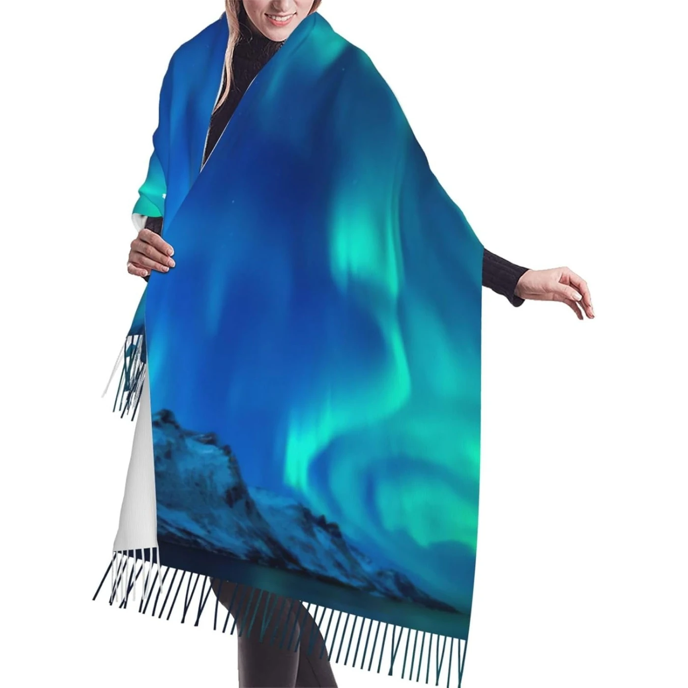 Bufanda con flecos con estampado de aurora boreal, bufanda ligera a la moda para mujer, chal suave, bufanda con borlas, regalo