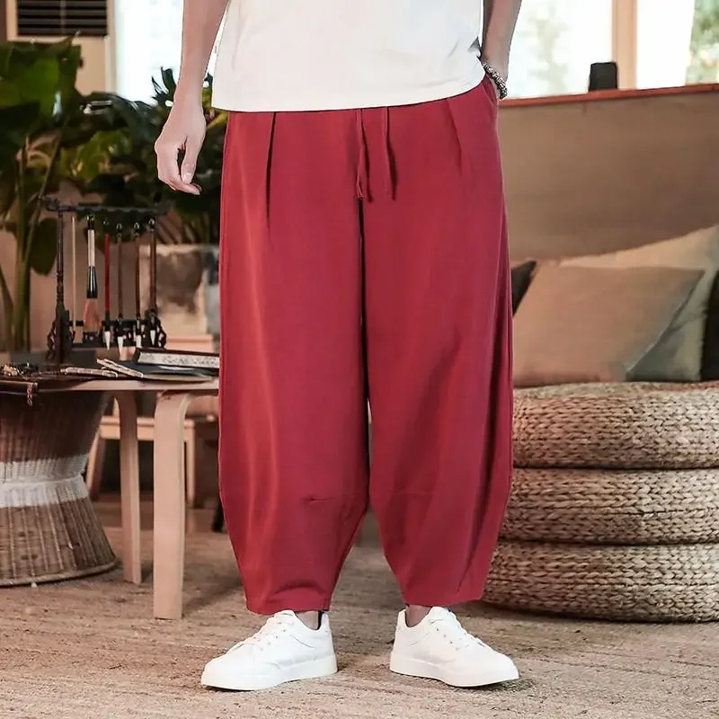 

New Men's Summer Chinese Style Linen Cropped Pants Loose Oversized Japanese Style Shorts