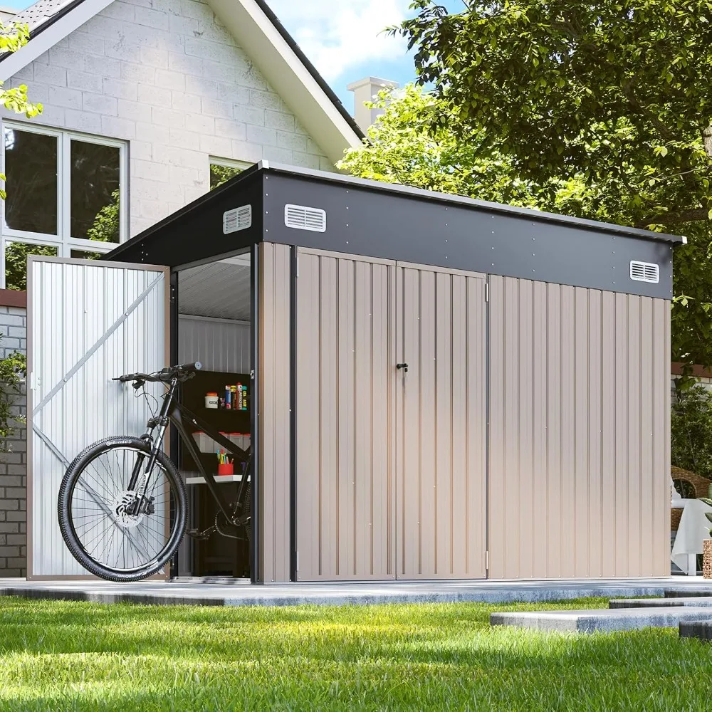 355 Cubic Feet Premium Galvanized Steel Storage Shed with Three Doors, 9.5x7.4 Feet Outdoor Double Lock Single Lean Shed