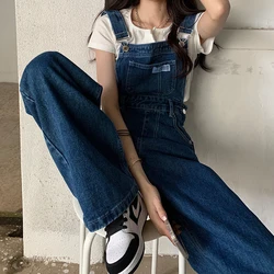 Blue Denim Jumpsuit Spring Autumn Pocket Wide Leg Loose Strap Jeans Women Vintage Casual Straight Overalls Trousers