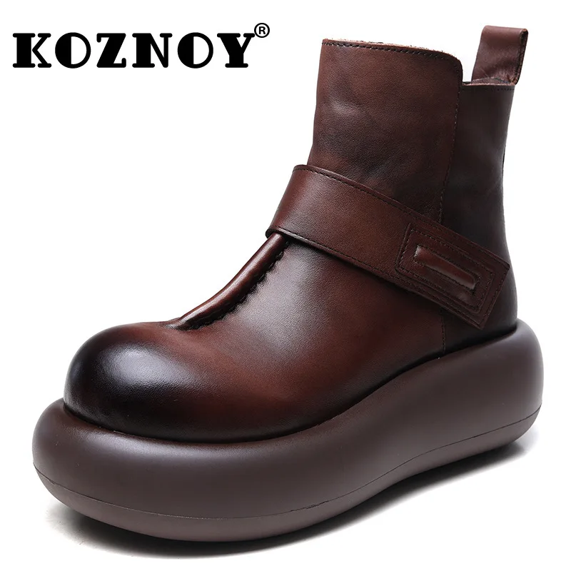 

Koznoy 5.5cm Natural Cow Genuine Leather Ankle Motorcycle Booties Woman Thick Sold Platform Wedge ZIP Spring Autumn Shoes