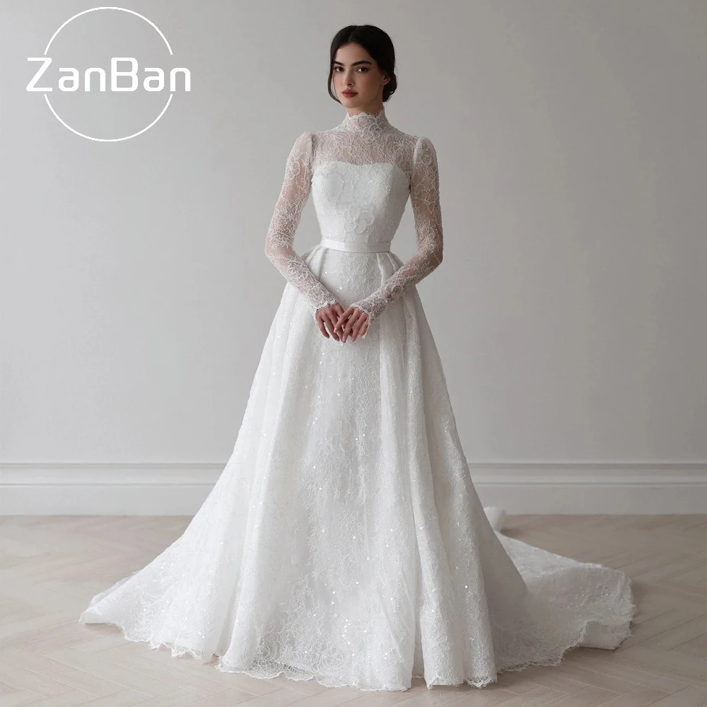 ZanBan 2026 Luxuriöse Neue Perlen-Spitzen-A-Linien-Hochzeitskleider Langarm Hochgeschlossene Weiße Brautkleider Vestidos de Novia Maßanfertigung