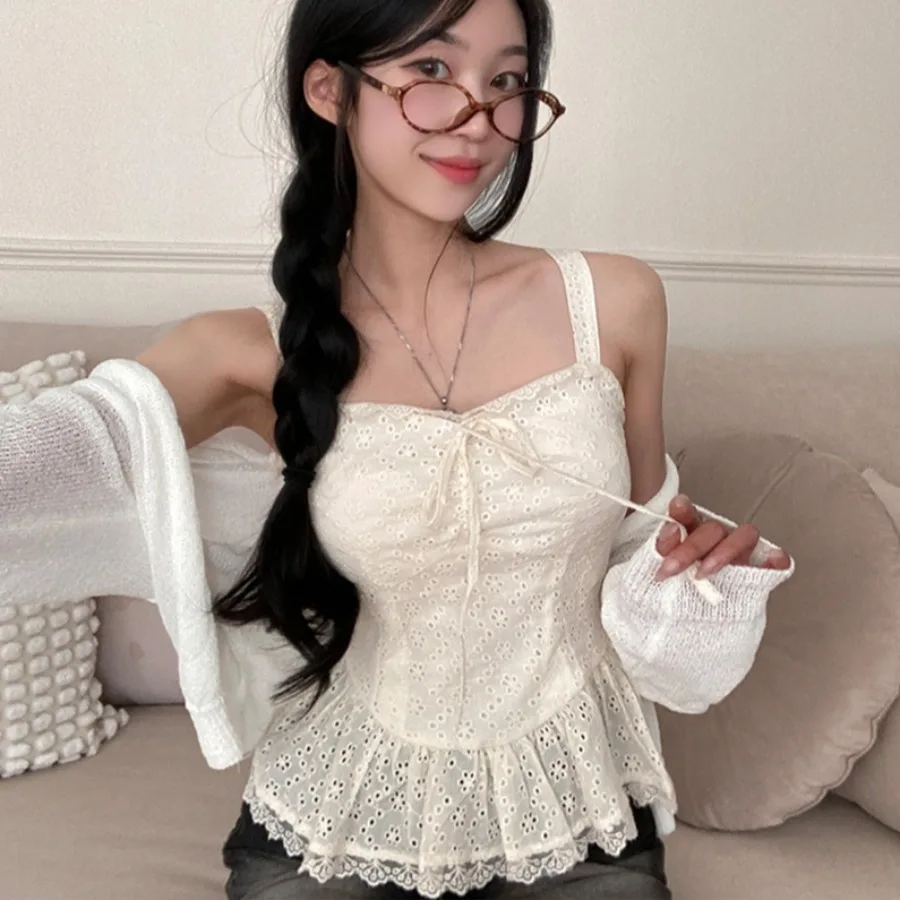 Korean Style Summer New Pure Desire Sweet Small Precise Lace Hollow out Trim Strap Vest Women's Fashion Sleeveless Top