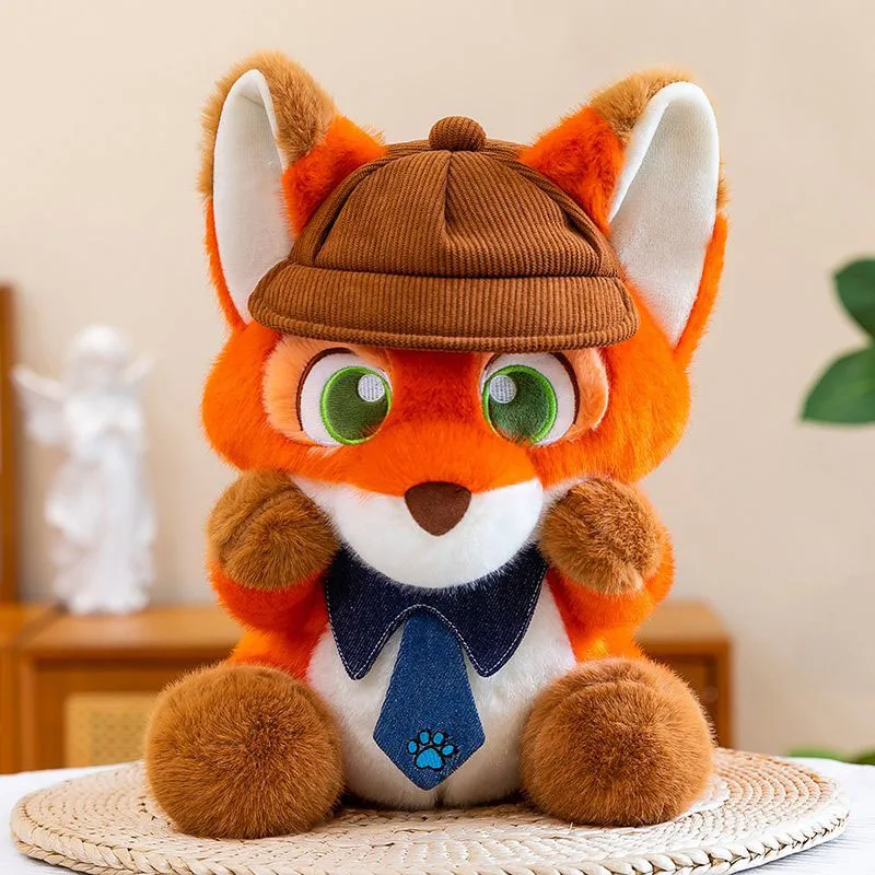

Kawaii Orange Fox Plush Toy Cute Detective Stuffed Animal with Hat and Tie Soft Kids Doll Gift for Birthday Home Room Decor