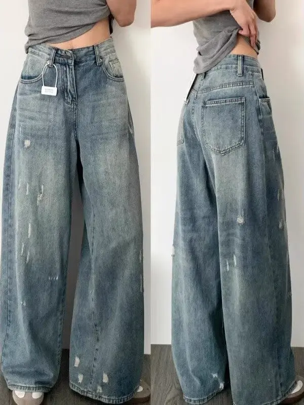 

High Waist Distressed Wide Leg Jeans Women plus Size Spring Design Hip Conceal Slimming Washed Floor-Length Straight Pants