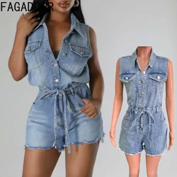 FAGADOER Quality Retro Denim Rompers Women Lapel Buttons Sashes Cargo Pockets Jean Jumpsuit Hot Girl Vintage Streetwear Overalls