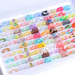 10/20/30/50Pcs/Lot Cartoon Element Wave Plane Checkerboard Frog Animal Resin Ring For Women Men Colorful Mix Jewelry Party Gifts