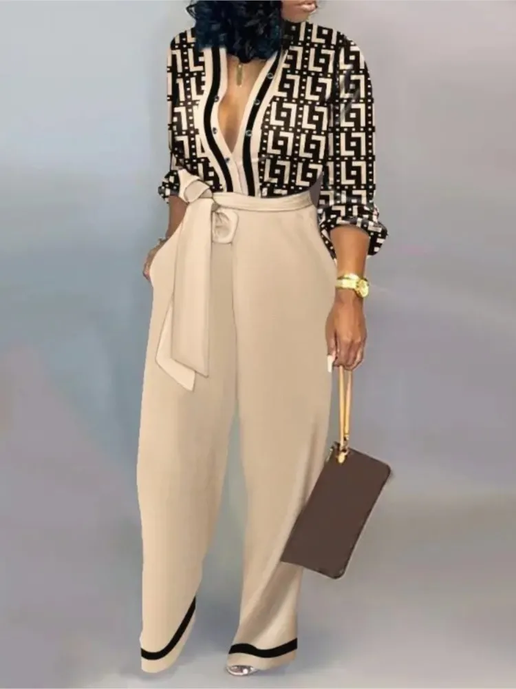 Moda damska List Print Kombinezon z długim rękawem Wiosna Przycisk Jednoczęściowy kombinezon Streetwear Jesień Elegancki kombinezon damski do biura