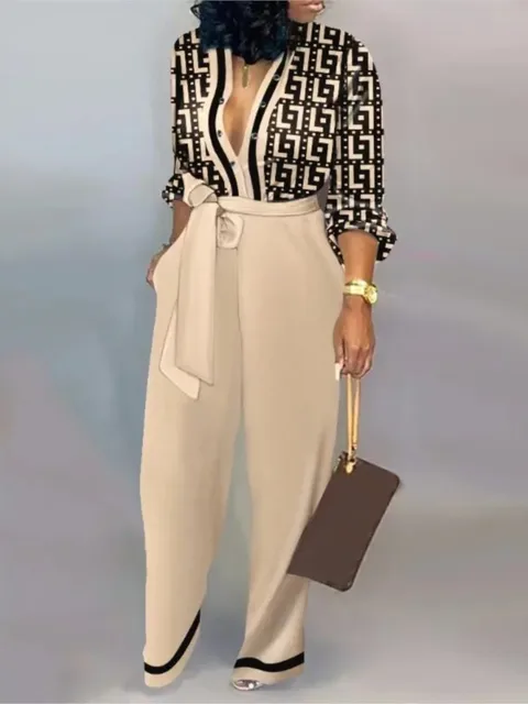 Moda damska List Print Kombinezon z długim rękawem Wiosna Przycisk Jednoczęściowy kombinezon Streetwear Jesień Elegancki kombinezon damski do biura