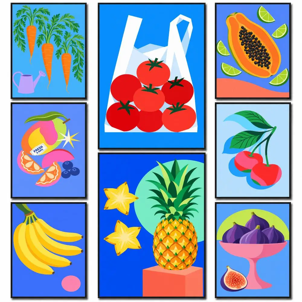 Colorful Retro Fruit And Vegetable Illustration Poster PP Wall Art Print Removable Home Decor Cafe Apartment Gift