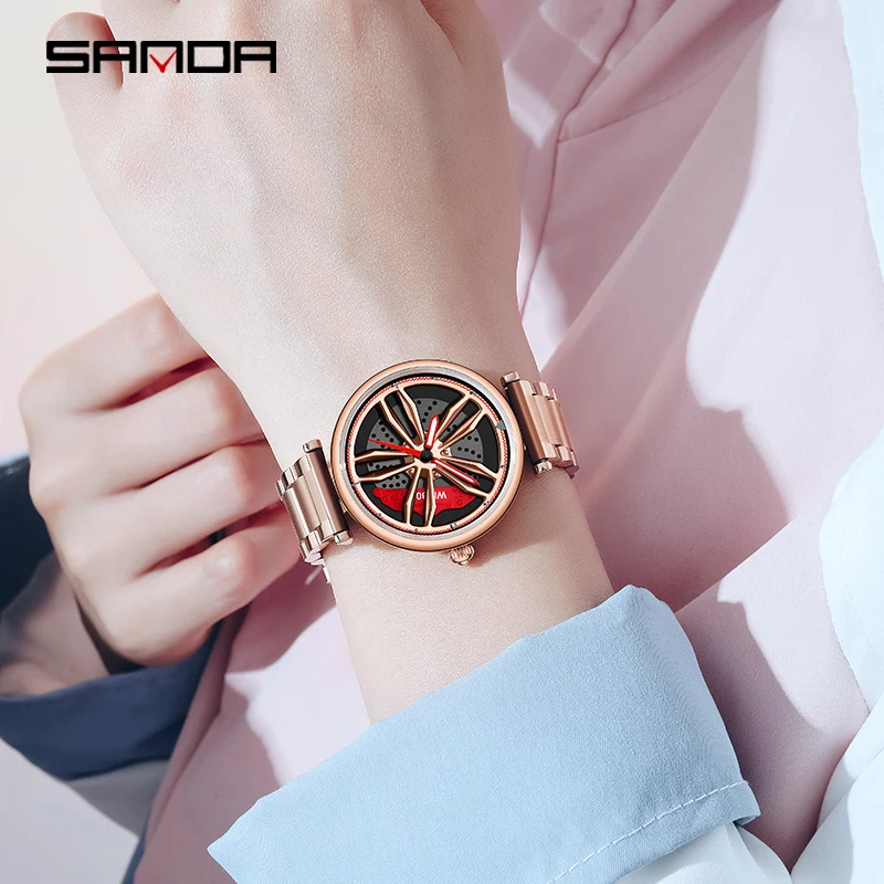 SANDA P1074 Hot Sell Fashion Car Rim Women Wristwatches Wheel Dial Ladies Watches Stainless Steel Waterproof Sport Female Clock