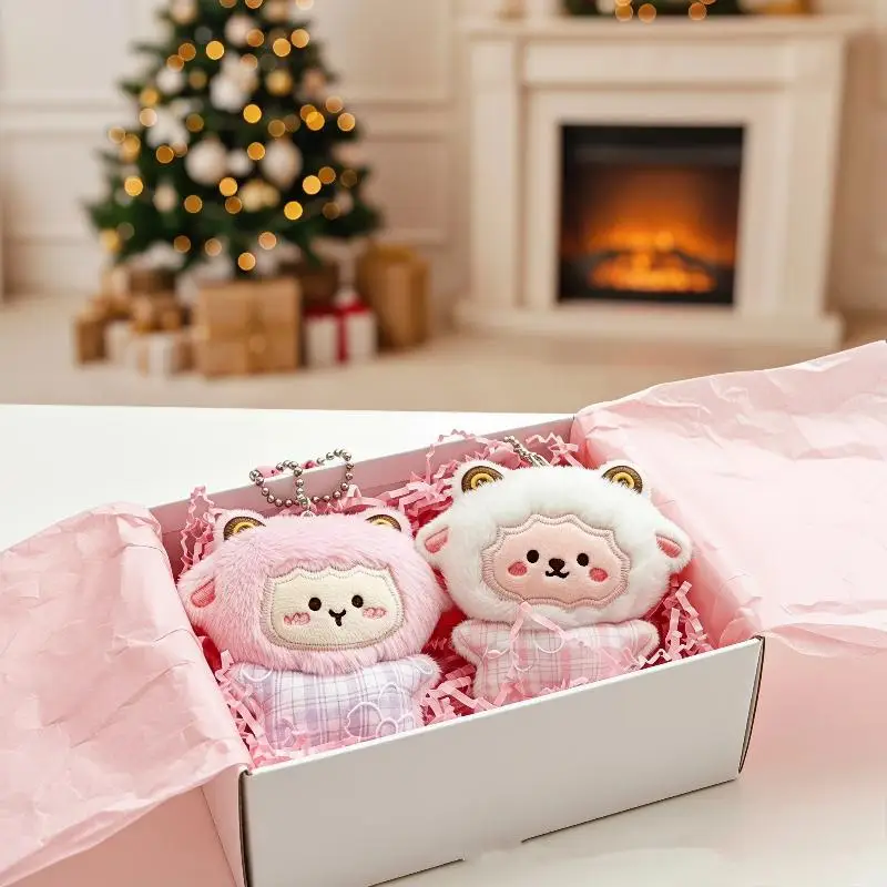 Cute Fluffy Plush Sheep Keychain Soft Texture Plaid Pattern Perfect For Backpack Decor Bag Pendant Kids Birthday Gifts