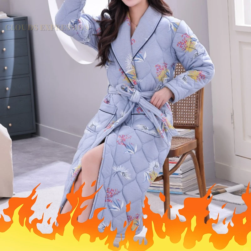 Winter Three-layer Thickened Women\'s Sleep Lounge Warm Quilted Jacket Long Robes Lady Night-robe Plaid  Bathrobe Comfy Homewear