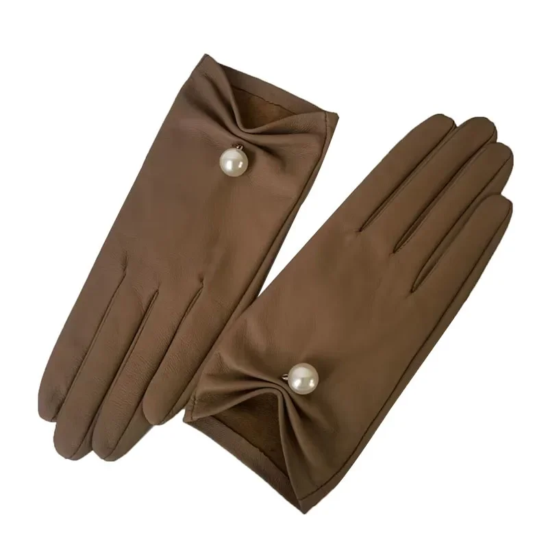 New Women's Leather Gloves Sheepskin Fashion Big Pearls Winter Warm Unlined Driving Gloves