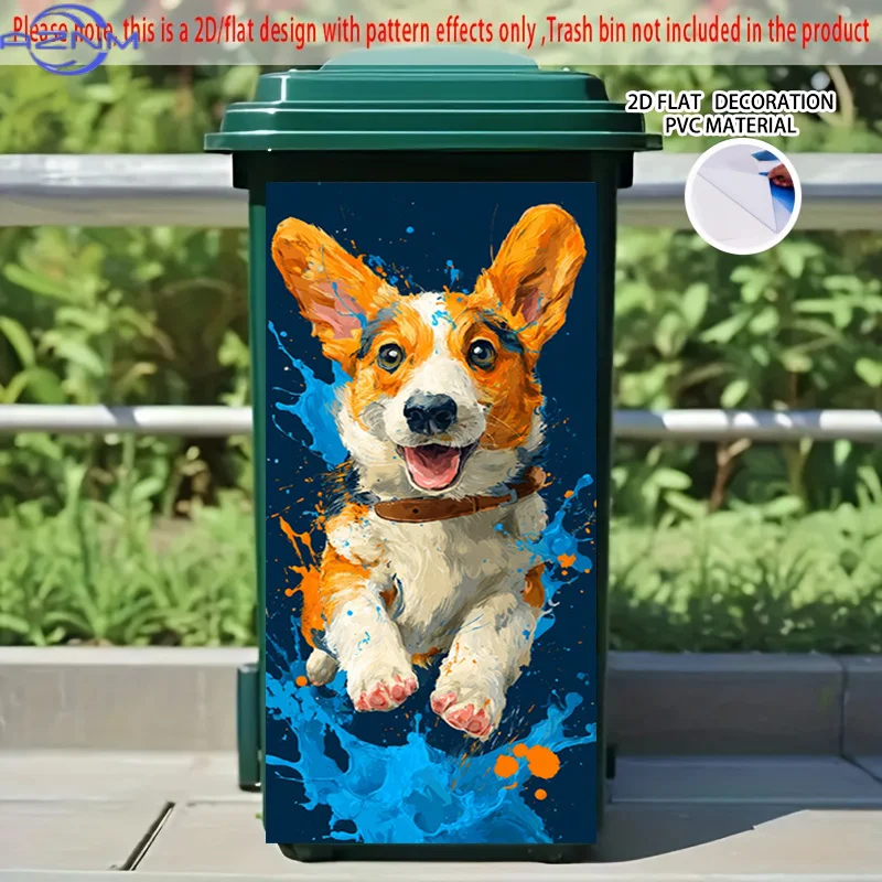 2D Flat Printing 1pc 2D Pattern Printed Kitchen Trash Can Sticker, xcm, Leaping Colorful Ink Corgi Theme Kitchen Home Decor Wa