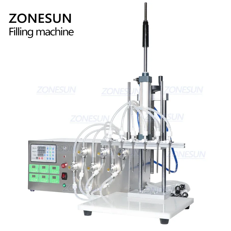 ZONESUN กึ่งอัตโนมัติหัวฉีดหกหัวฉีดของเหลวแม่เหล็กปั๊มน้ำนมน้ำมันน้ำหอมเครื่องบรรจุน้ำ ZS-MP5500D