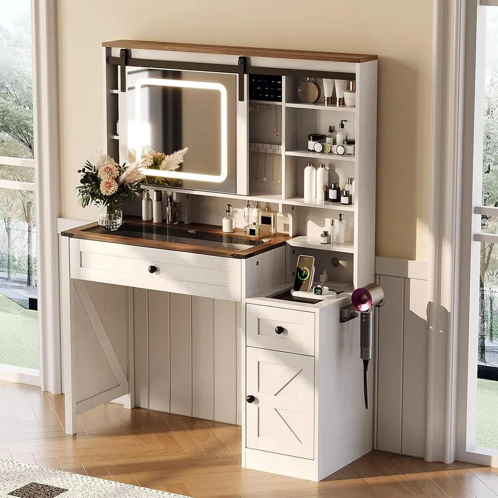 VINGLI armhouse Vanity Desk with Sliding HD Mirror and Lights, Glass Top Makeup Western Vanity Table w/ 2 Storage Ders and Cabin