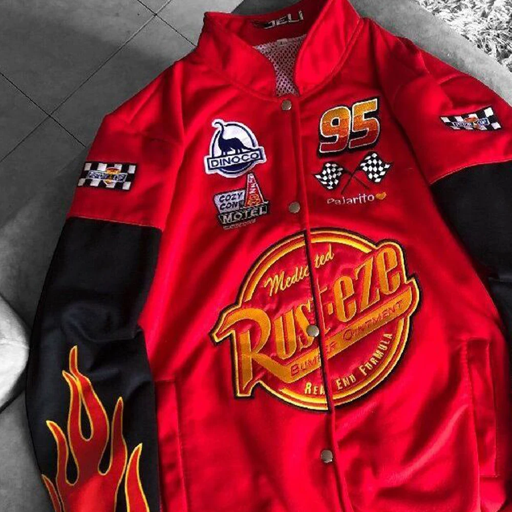 Mens Womens Red Black Racing Style Baseball Jacket with Flame Pattern Number 95 Single Breasted American Style Outdoor Wear Ins
