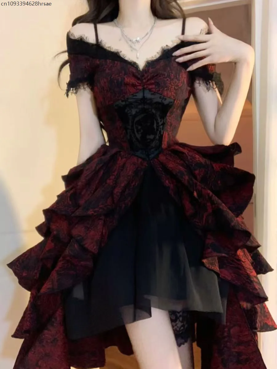 Spring Summer New Heavy Light Luxury Off-shoulder Cosplay Fluffy Princess Dress Gothic Lolita Black and Red Jacquard Wave Dress