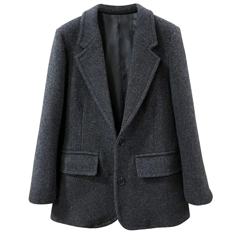 Dark Gray Vintage Suit Coat Women Korean Fashion Autumn Winter 2022 New Versatile Woolen Blazer Jacket Straight Outerwear T1143