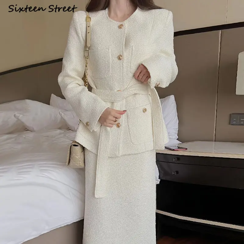 

Chic Tweed Jacket + High Waisted Skirts Women 2023 Winter Thicken Wool 2 Piece Sets Ladies Party Luxury Golden Button Skirt Set