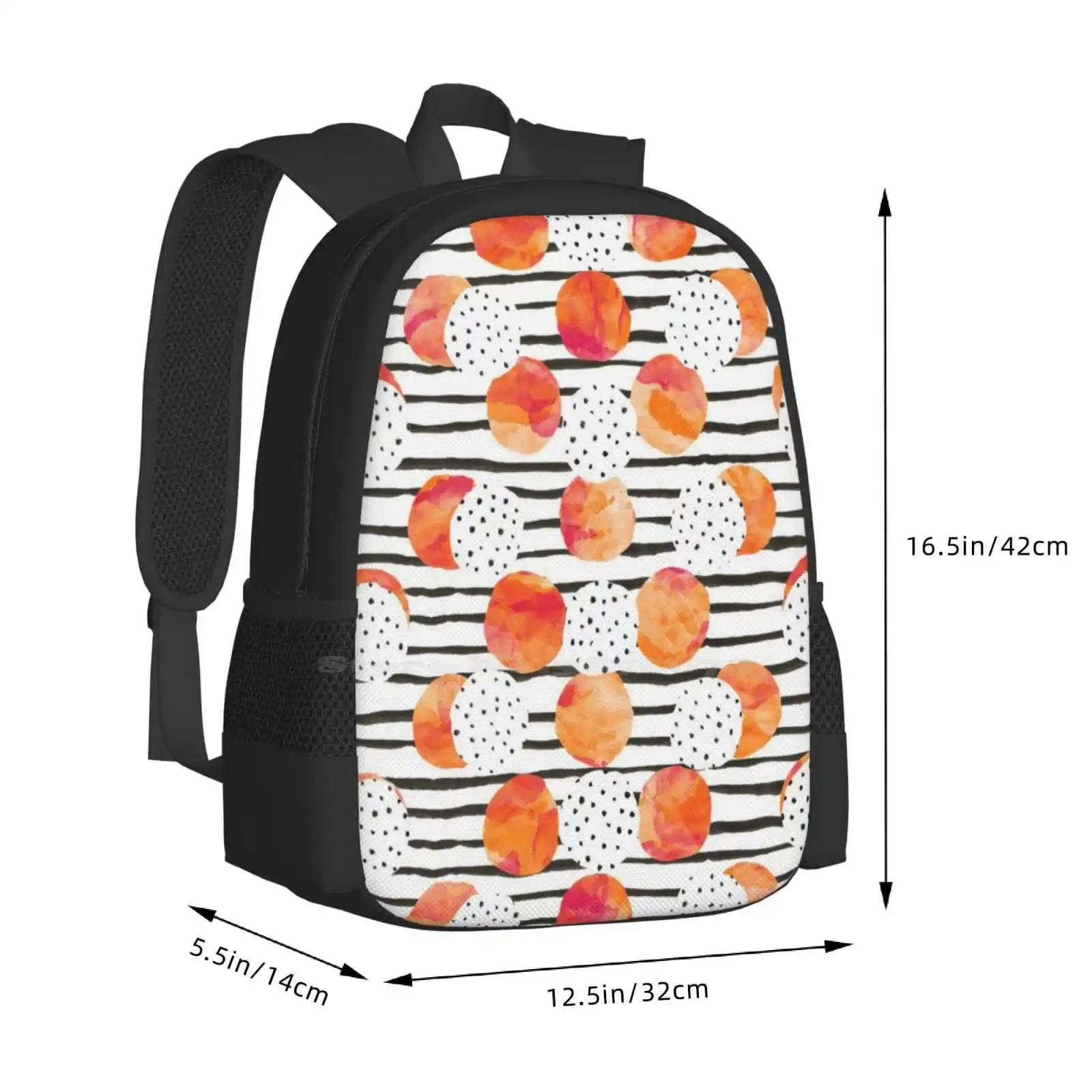 Sac à dos à motif orange fruité pour étudiants, motif aquarelle d'interconnexion orange, cercle à rayures, pois, amusant heureux