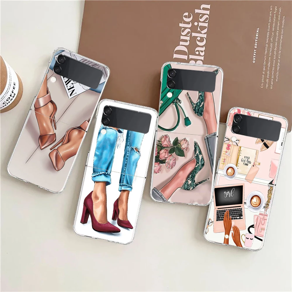 Fashion High Heels Girl Woman For Samsung Galaxy Z flip 4 Bag Transparent Phone Cover For Galaxy Z Flip 3 Case Hard PC Shell Cap