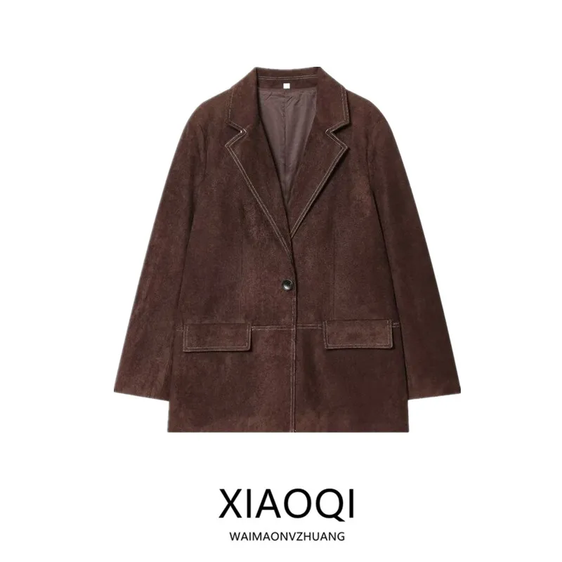 2025 Herfst Nieuwe Collectie vrouwen Commuter Rechte Been Lederen Pak Jaet Lange Sve Casual Sle Platte Kraag Faionable