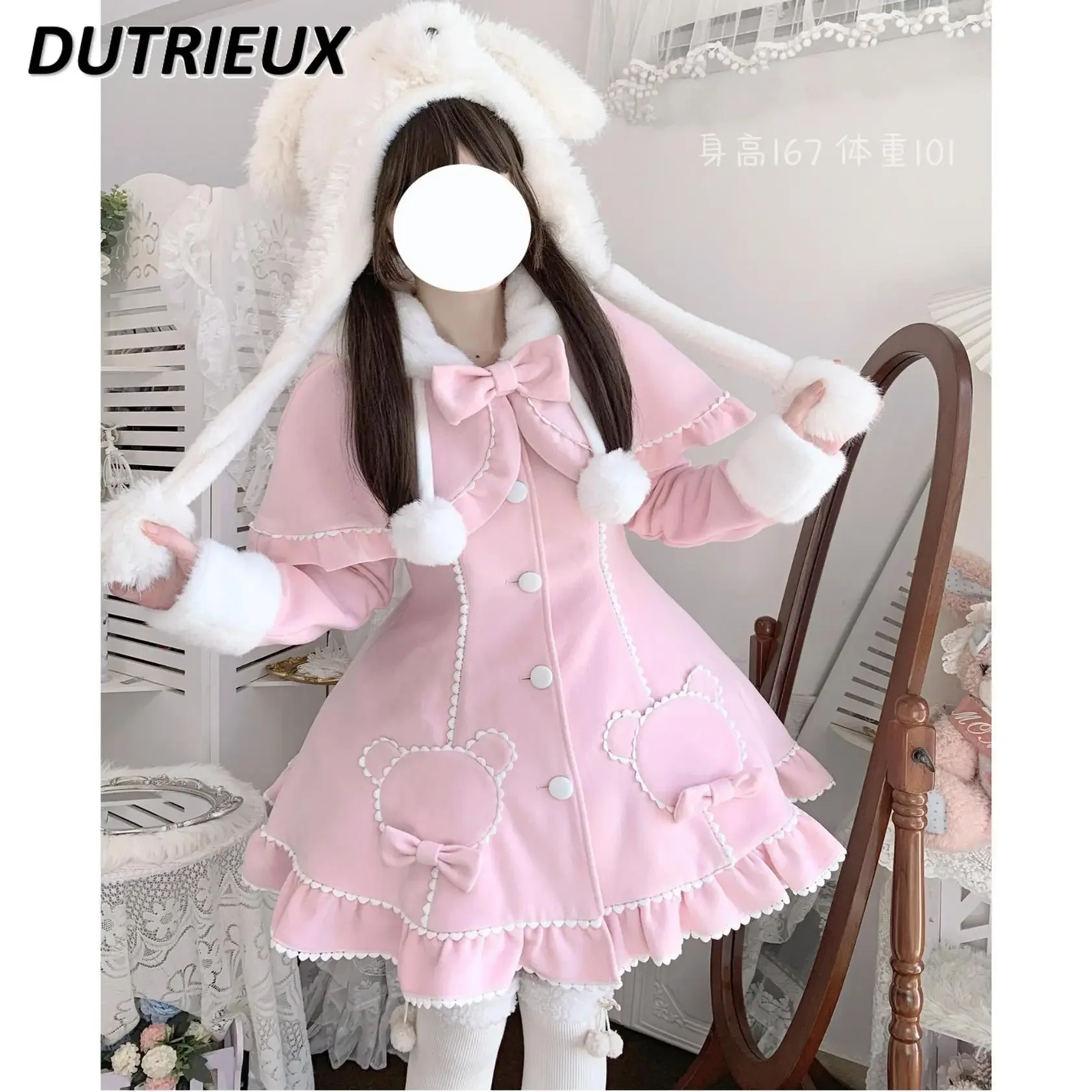 Japanese Sweet Cute Girls Slim-fitting Woolen Coat Dress Fur Collar Autumn Winter Lolita Bow Single-breasted Mid-length Jacket