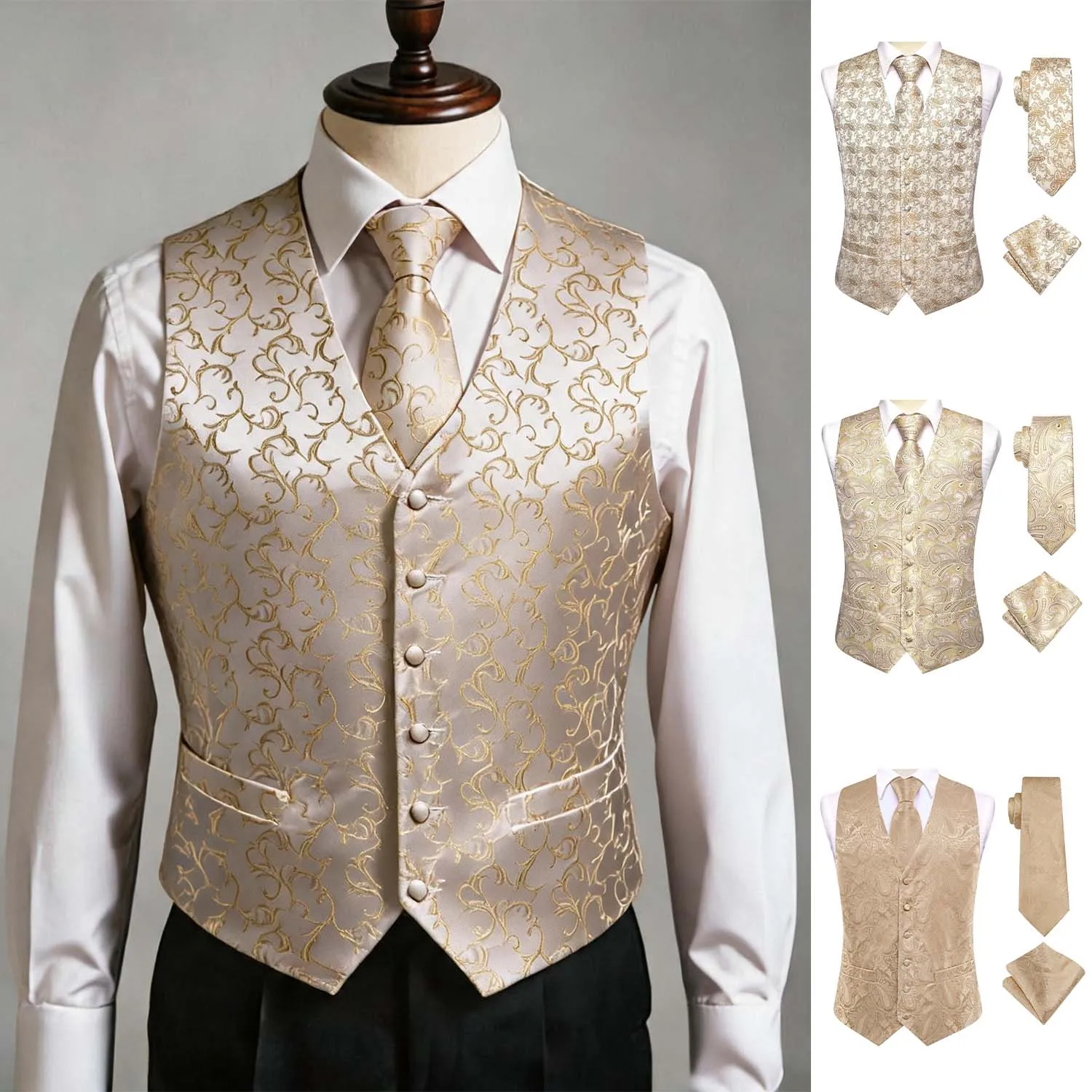 Conjunto de Traje de Tres Piezas para Hombre Color Albaricoque, Chaleco de Vestir con Corbata y Pañuelo de Bolsillo para Ceremonias y Fiestas