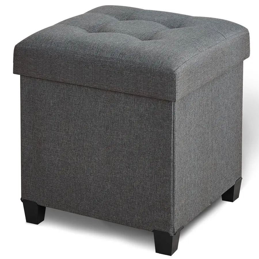 Ottoman with Storage, Square Storage Ottoman for Dorm, Linen Ottomans with Legs for Living Room, Bedroom, Gray