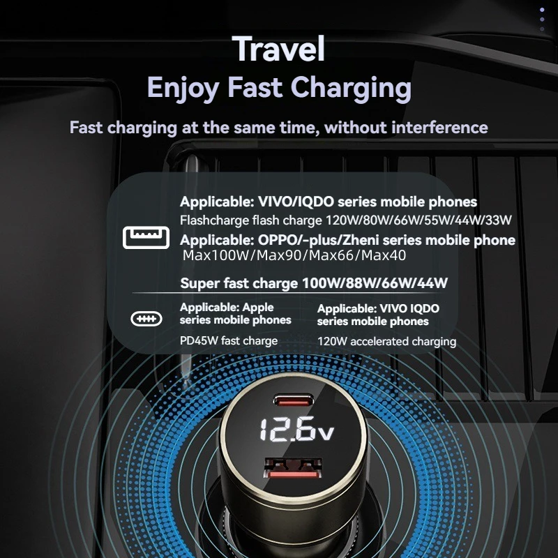 120w Car Charger with Display USB-C USB A Flash Charging Car Charger Suitable for Phones Laptops for VIVO IQOO Huawei iPhone