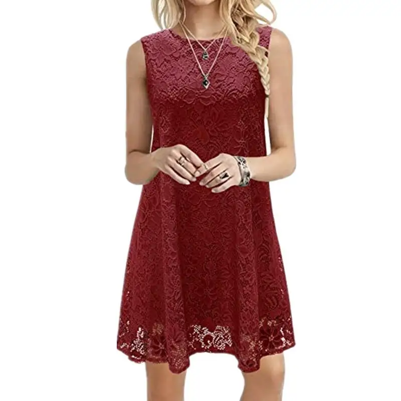 여성용 스웨이드 레이스 드레스 캐주얼 슬레 미드 웨이스트 A라인 스커트 폴리에스터 원단 라운드 넥 여름 패션 기본 모델