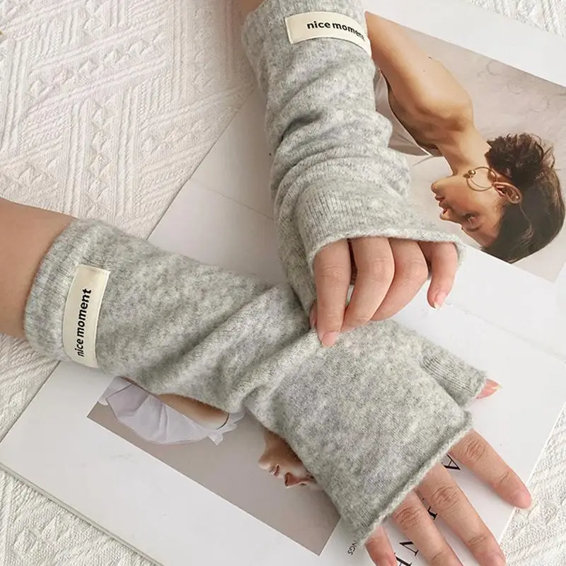 Women Knitted Arm Warmers Autumn Winter Warm Woolen Arm Sleeve Long Fingerless Gloves Y2k Soild Fashion Casual Elbow Mittens
