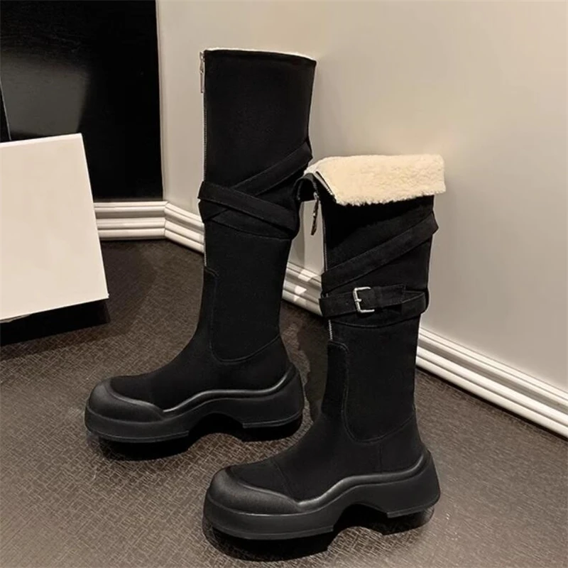 New British Style Winter Snow Long Boots Women Plush Thick Sole Belt Buckle Youth Student Knee-High Modern Shoes Female