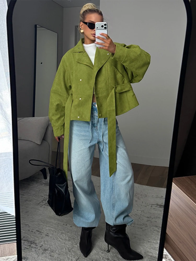 Vintage Damen Wildlederjacke mit Schnürung, Revers und Knöpfen, locker geschnitten, lange Ärmel, dick, für Frühling und Herbst, Streetwear-Mantel für Damen – Detail 4